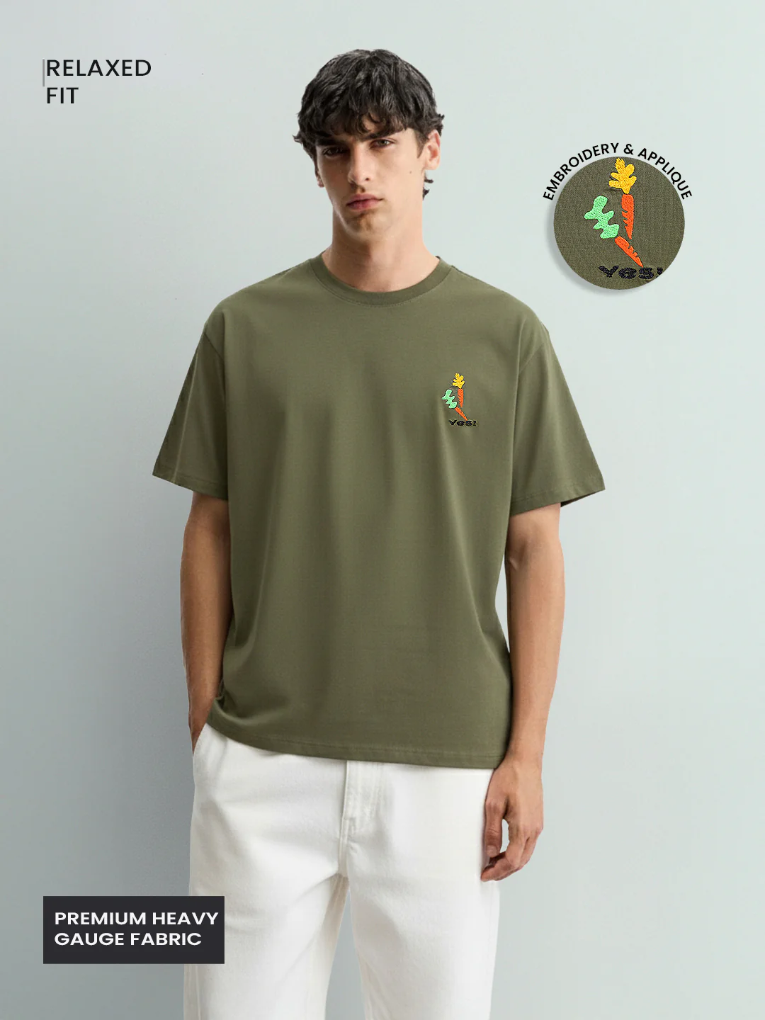 Men's Green Relaxed Fit Embroided 240 GSM Casual T-Shirt - Image 4