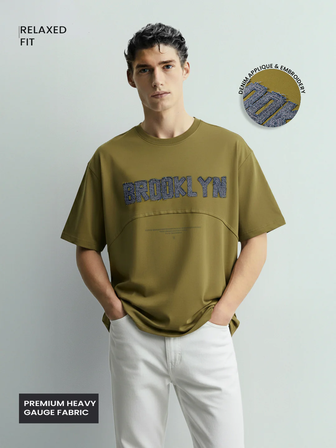 Men's Green Relaxed Fit Embroided 240 GSM Casual T-Shirt - Image 3