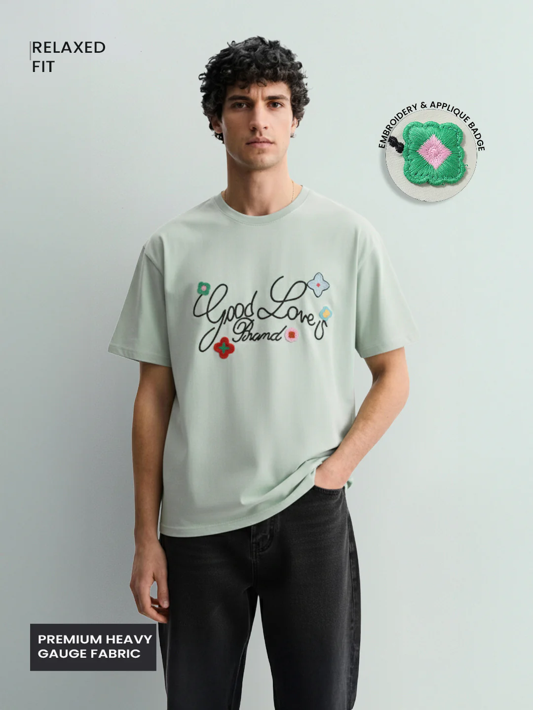 Men's Green Relaxed Fit Embroided 240 GSM Resort Wear T-Shirt - Image 3