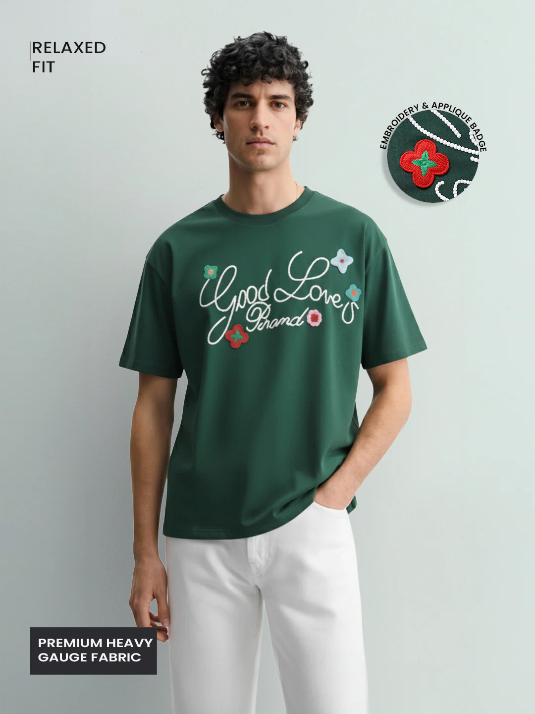 Men's Green Relaxed Fit Embroided 240 GSM Resort Wear T-Shirt - Image 3