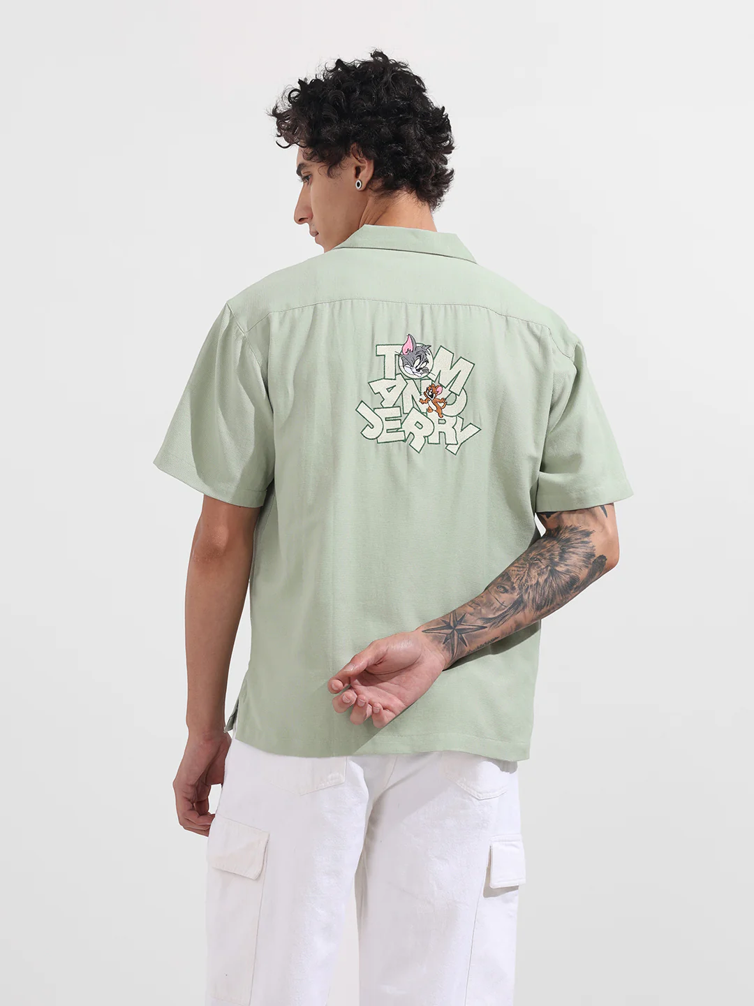 Men's Green Relaxed Fit Embroidered Tom&Jerry Character Shirt - Image 5