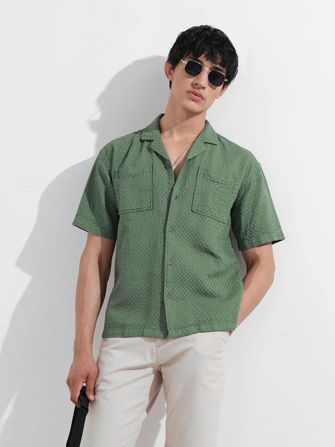 Men's Green Relaxed Fit Geometric Print Resort Wear Shirt
