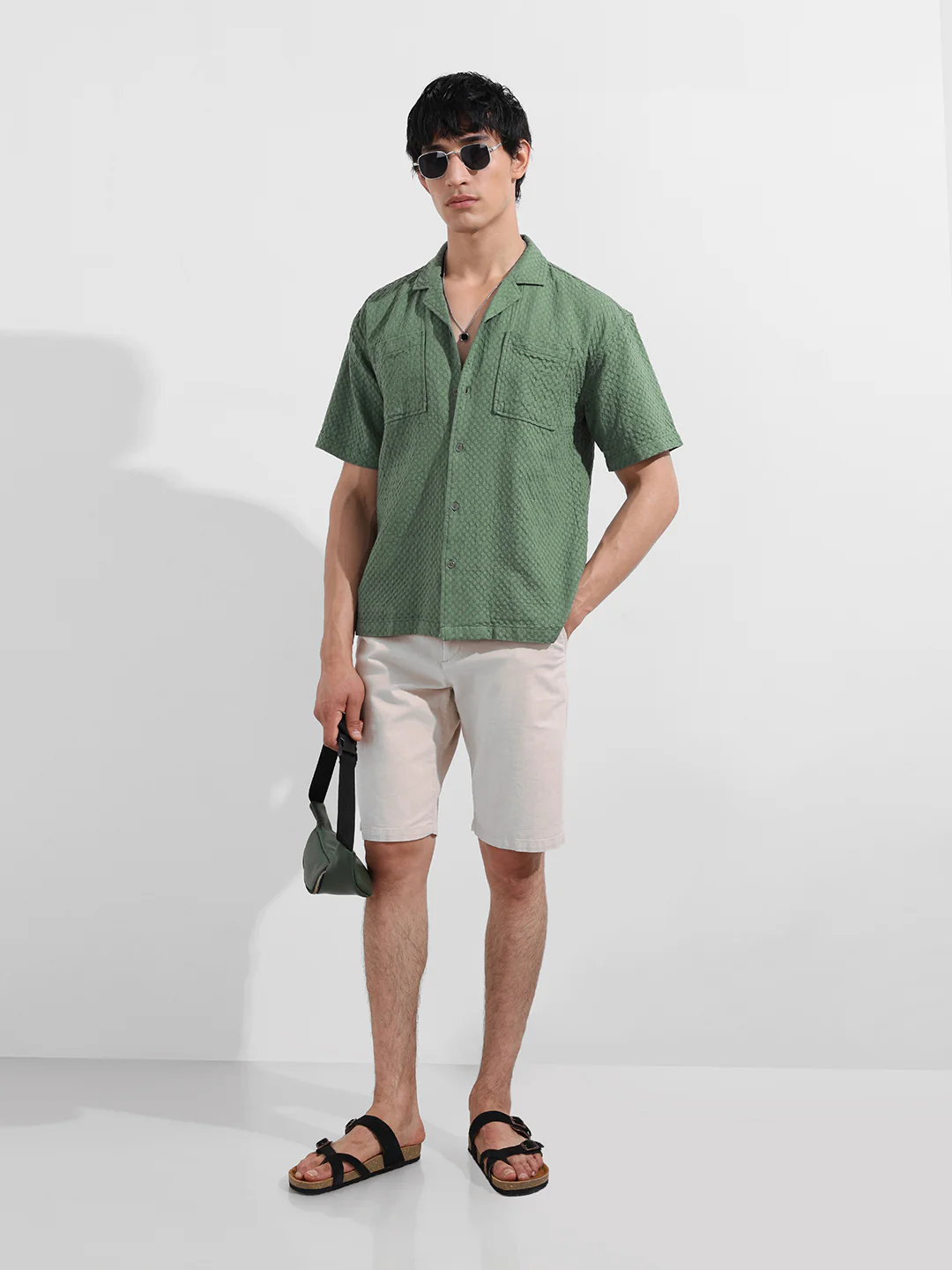 Men's Green Relaxed Fit Geometric Print Resort Wear Shirt - Image 2