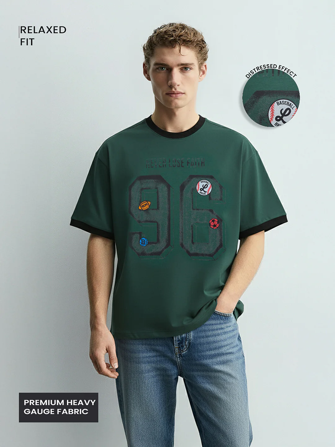 Men's Green Relaxed Fit Graphic Printed 240 GSM Sport Wear T-Shirt - Image 3
