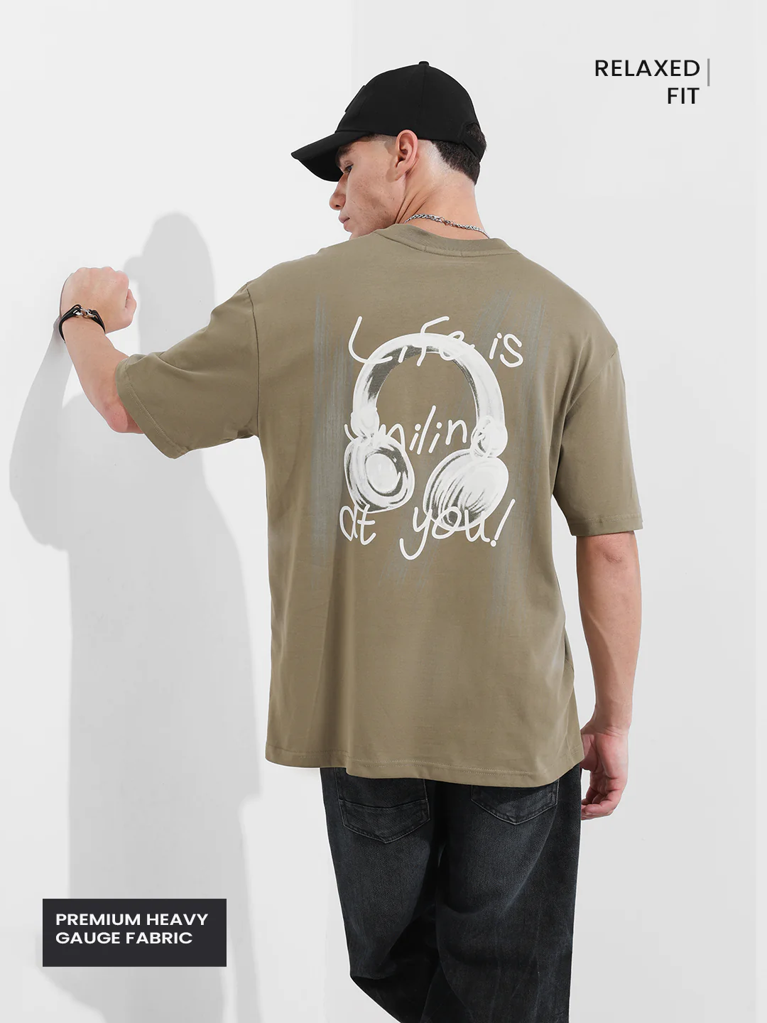 Men's Green Relaxed Fit Graphic Printed 240 GSM Street Wear T-Shirt - Image 4