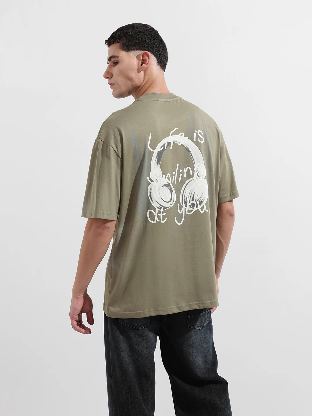 Men's Green Relaxed Fit Graphic Printed 240 GSM Street Wear T-Shirt - Image 8
