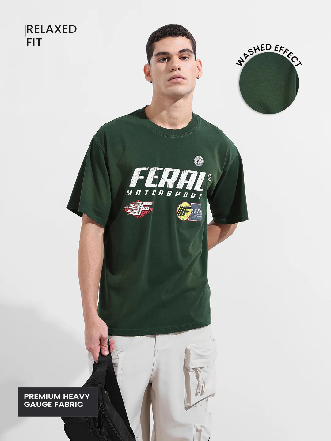 Men's Green Relaxed Fit Graphic Printed 240 GSM Street Wear T-Shirt - Image 4