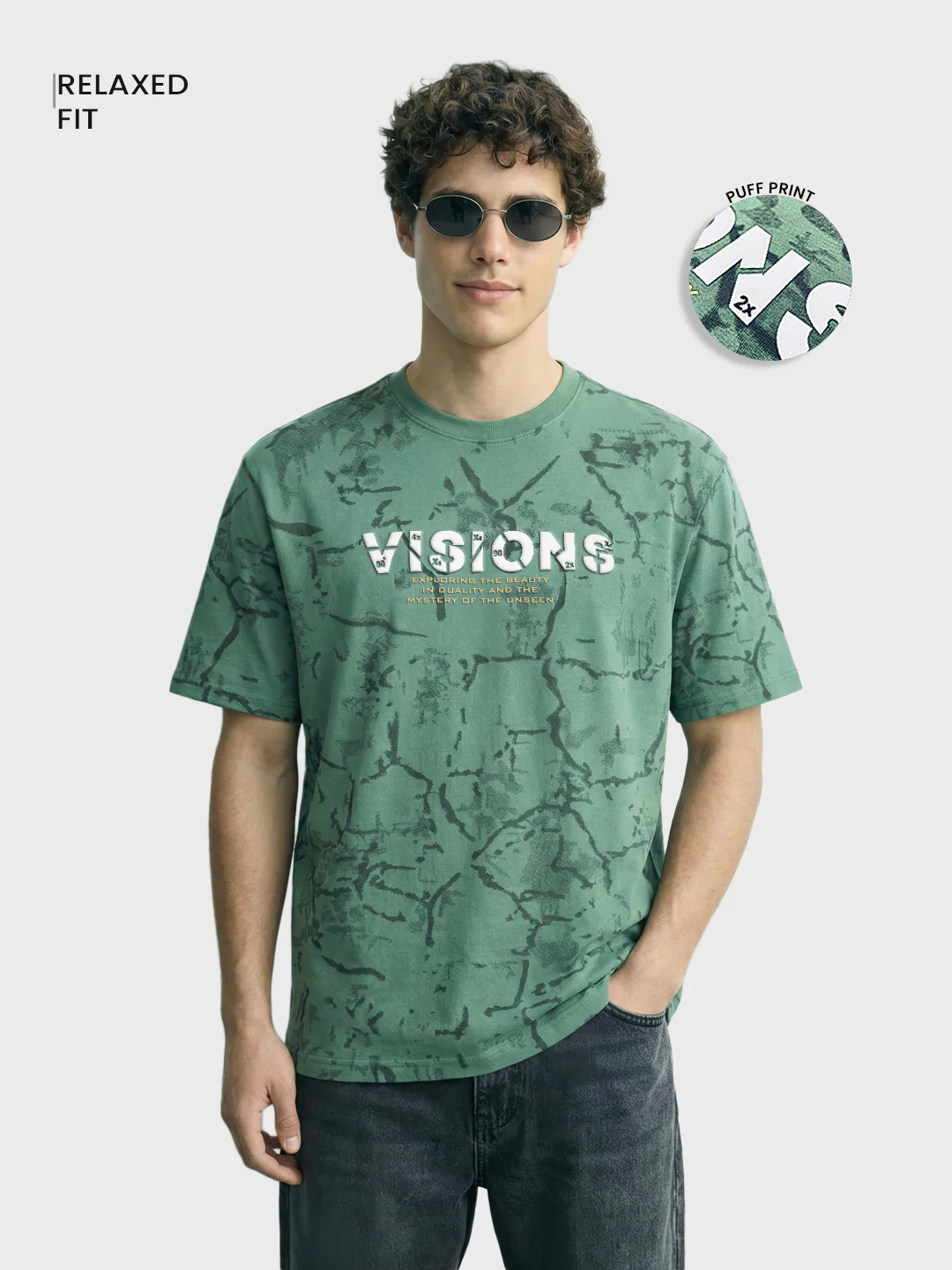 Men's Green Relaxed Fit Printed Casual T-Shirts - Image 2