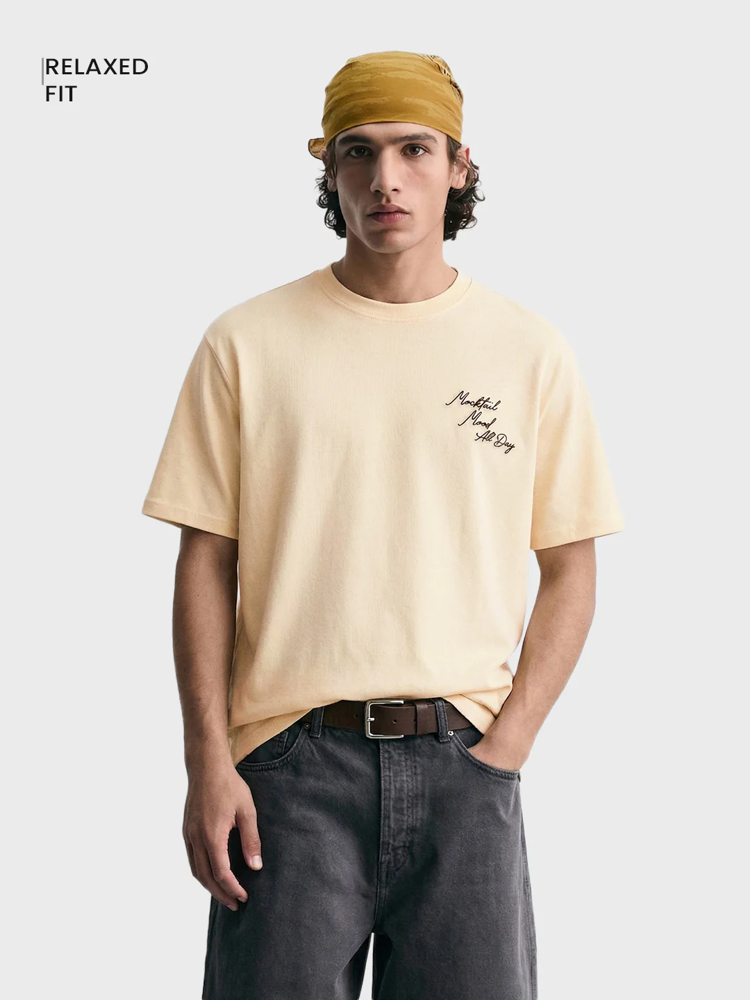 Men's Cream Relaxed Fit Embroidered Casual T-Shirt - Image 2