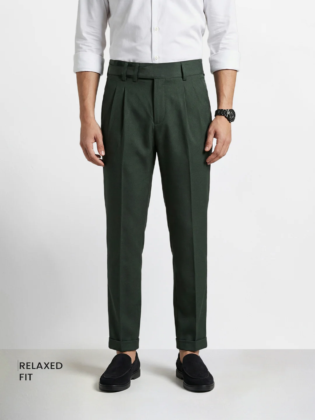 Men's Green Relaxed Fit Solid Casual Trousers - Image 2