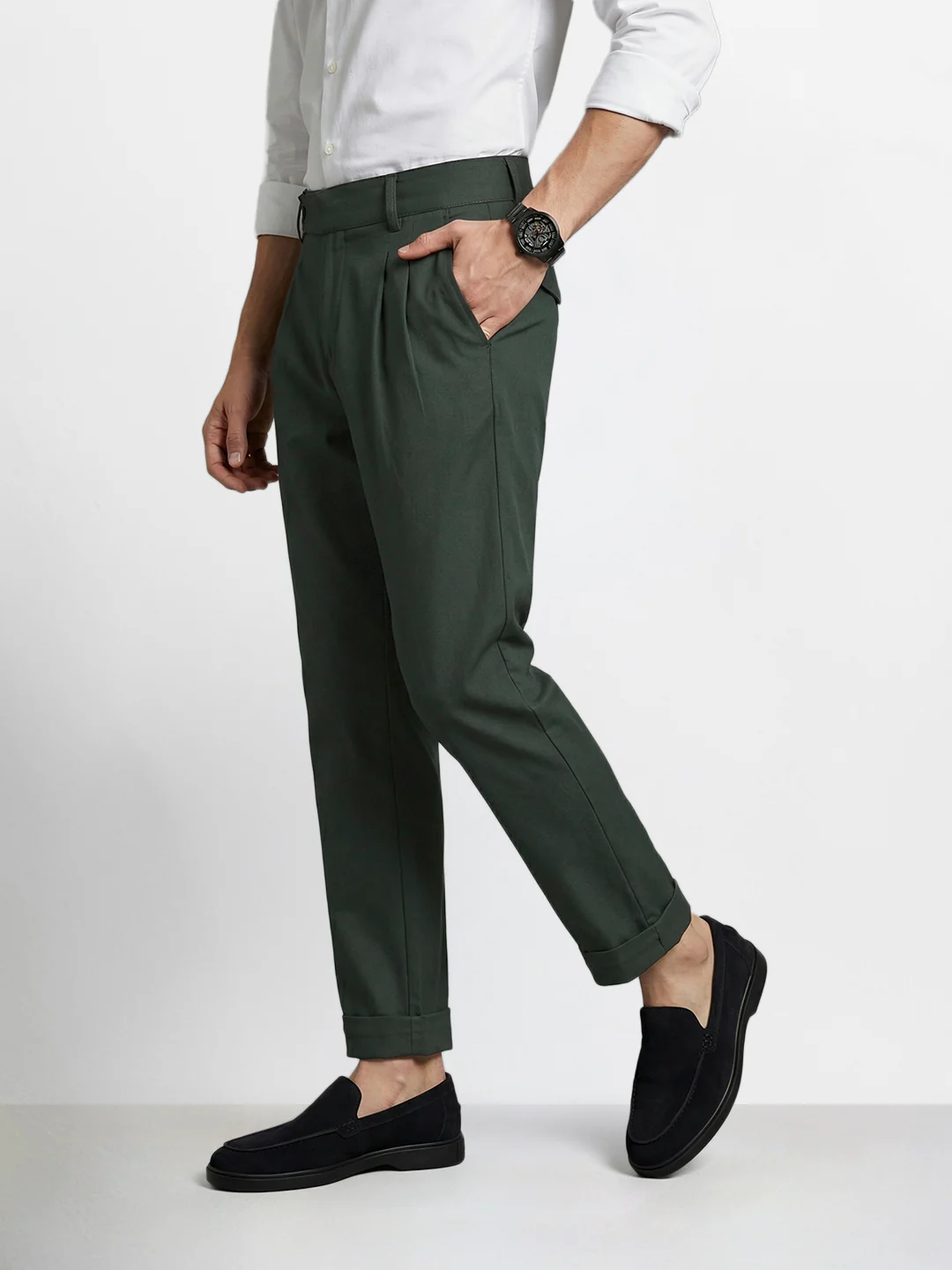 Men's Green Relaxed Fit Solid Casual Trousers - Image 3