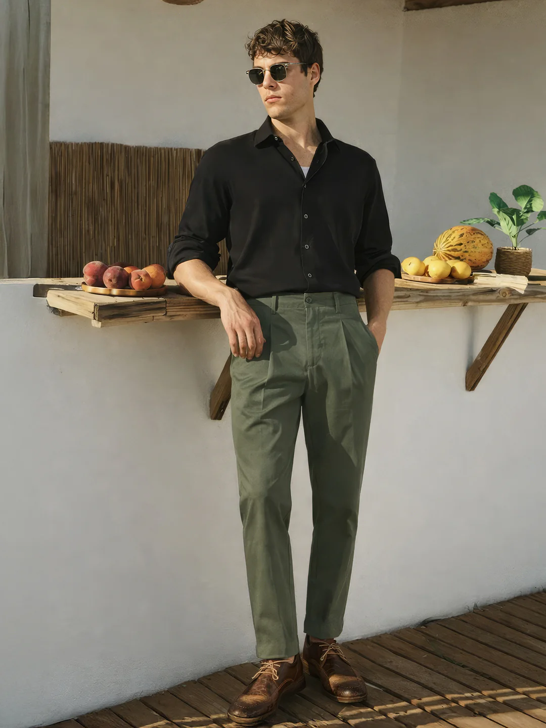 Men's Green Relaxed Fit Solid Casual Trousers - Image 4