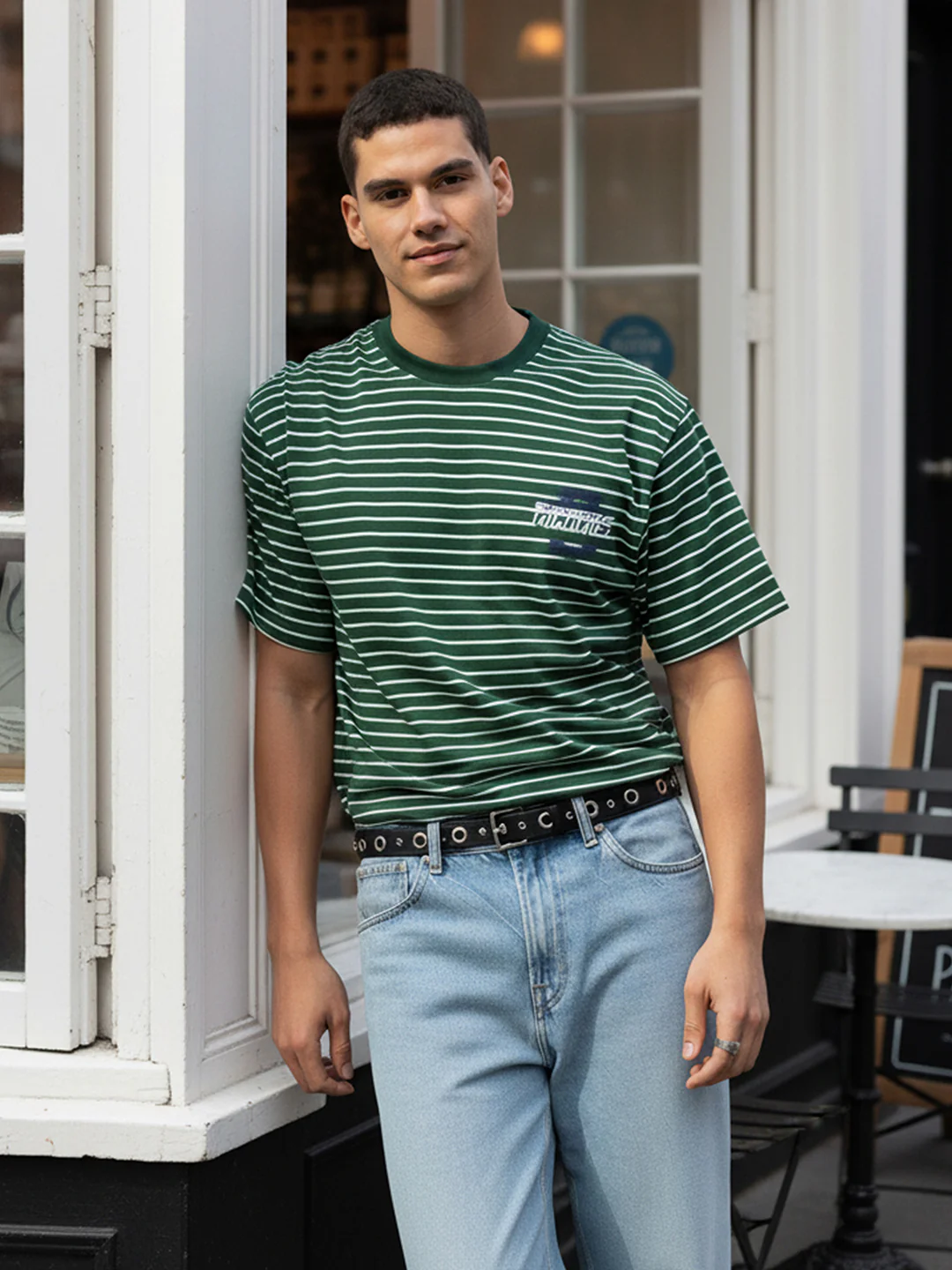 Men's Green Relaxed Fit Striped 240 GSM Street Wear T-Shirt - Image 3
