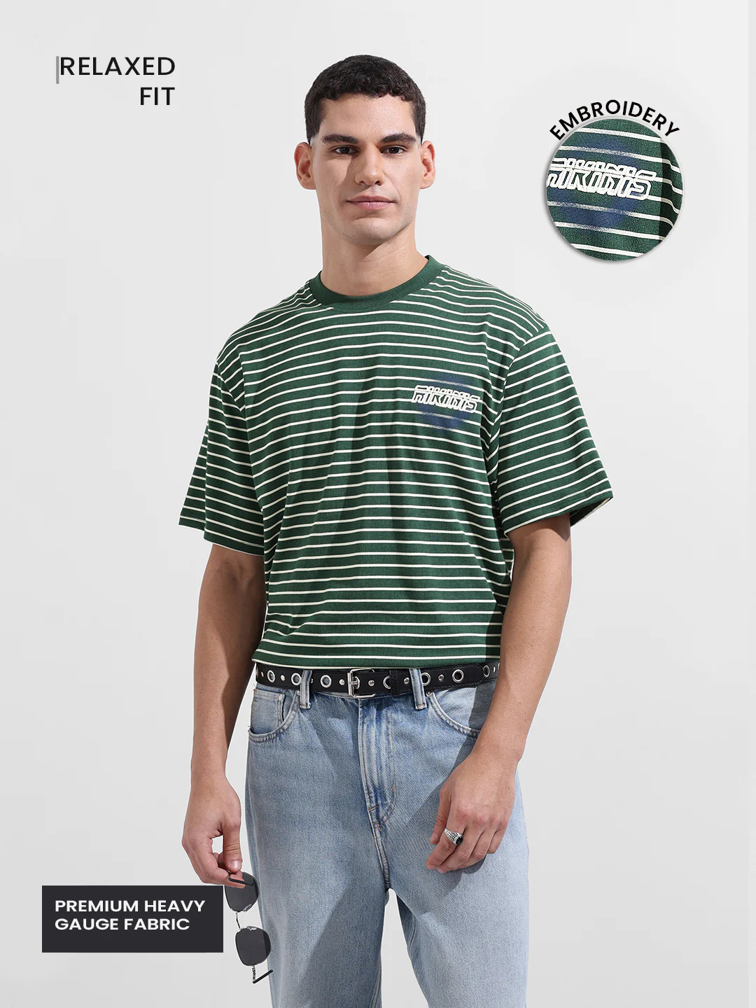 Men's Green Relaxed Fit Striped 240 GSM Street Wear T-Shirt - Image 4