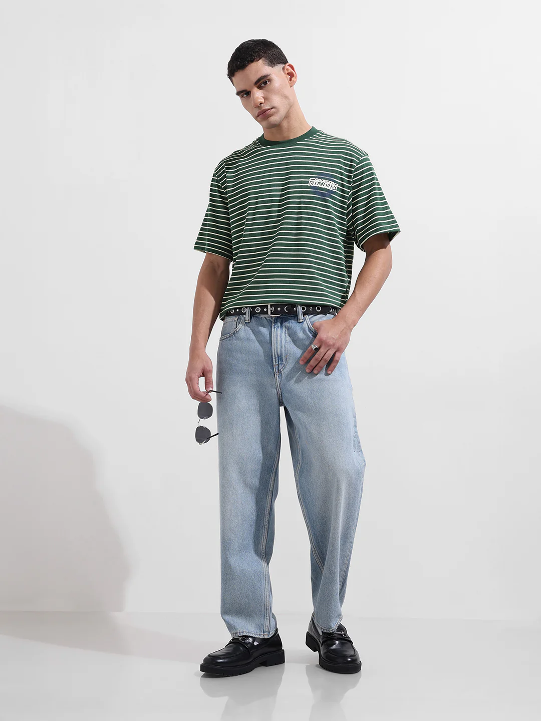 Men's Green Relaxed Fit Striped 240 GSM Street Wear T-Shirt - Image 5