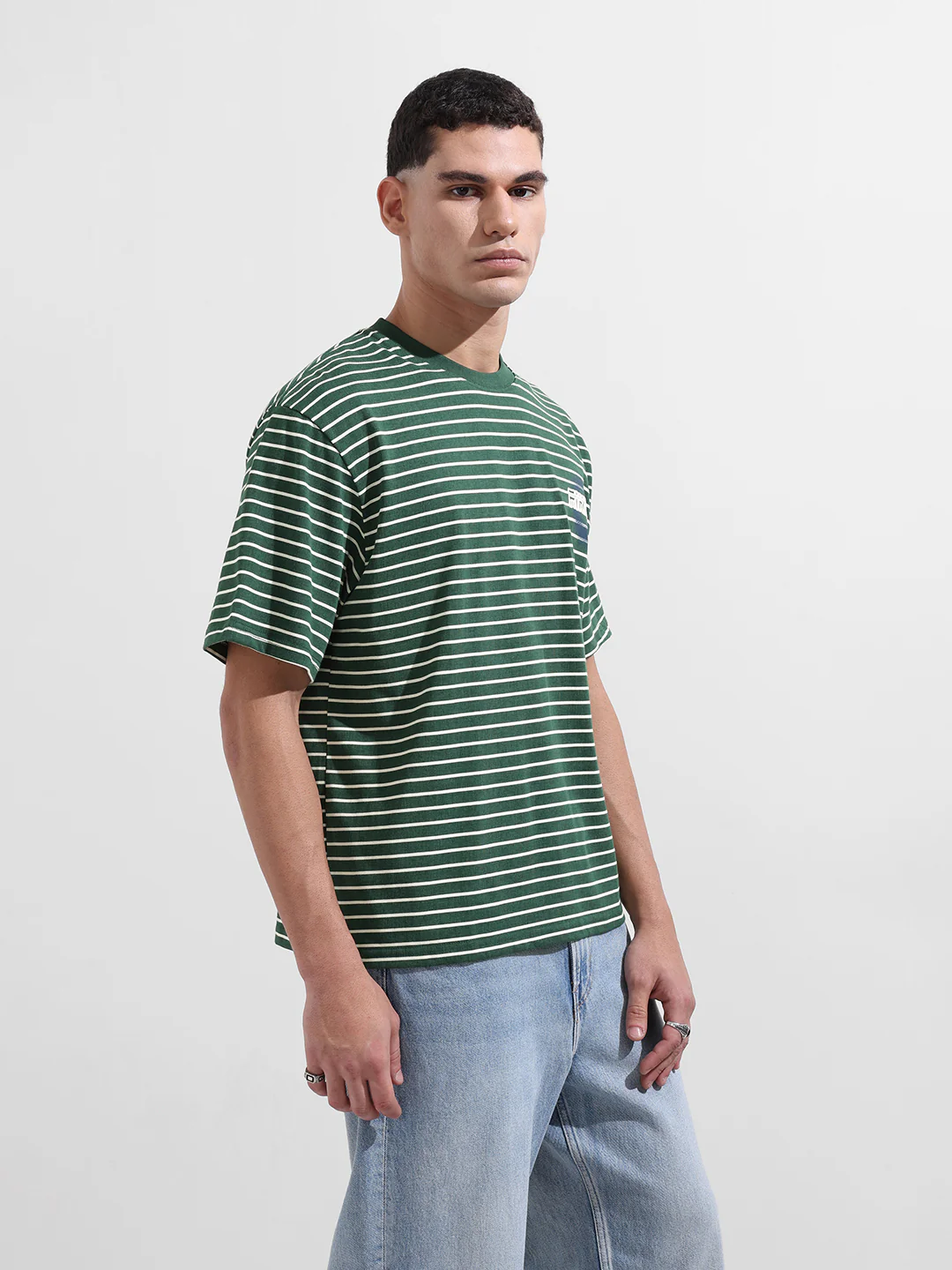 Men's Green Relaxed Fit Striped 240 GSM Street Wear T-Shirt - Image 6