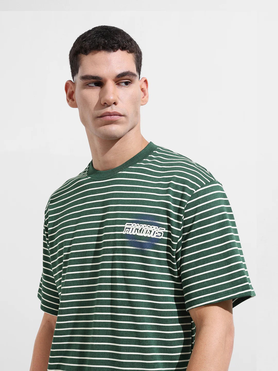 Men's Green Relaxed Fit Striped 240 GSM Street Wear T-Shirt - Image 7
