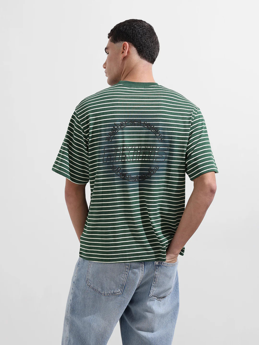 Men's Green Relaxed Fit Striped 240 GSM Street Wear T-Shirt - Image 8
