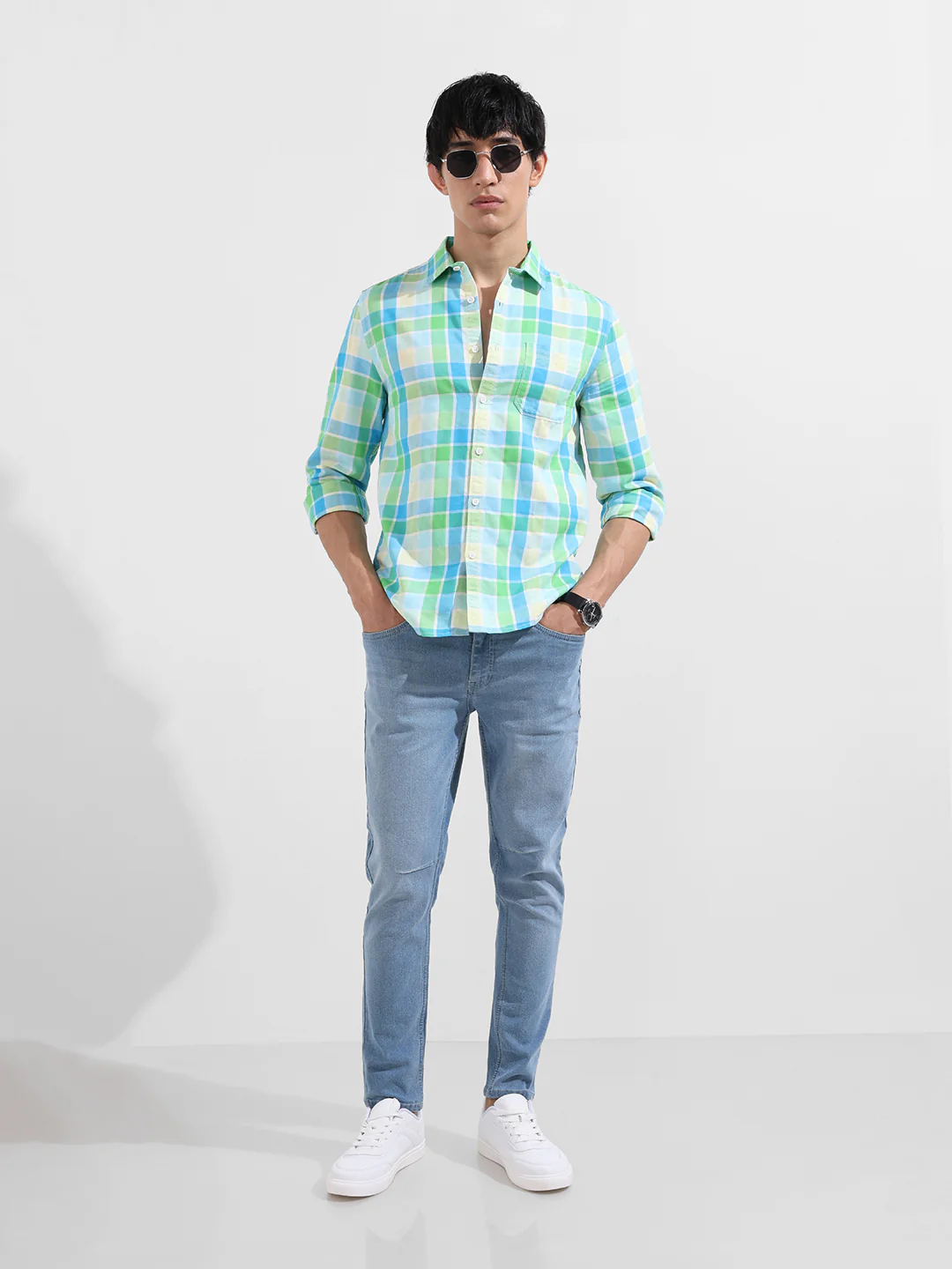 Men's Green Slim Fit Checkered Casual Shirt - Image 4