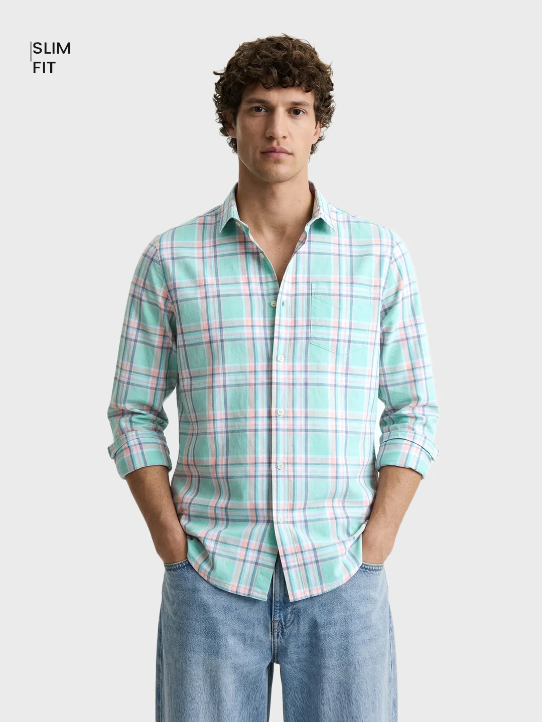 Men's Green Slim Fit Checked Casual Shirt - Image 2