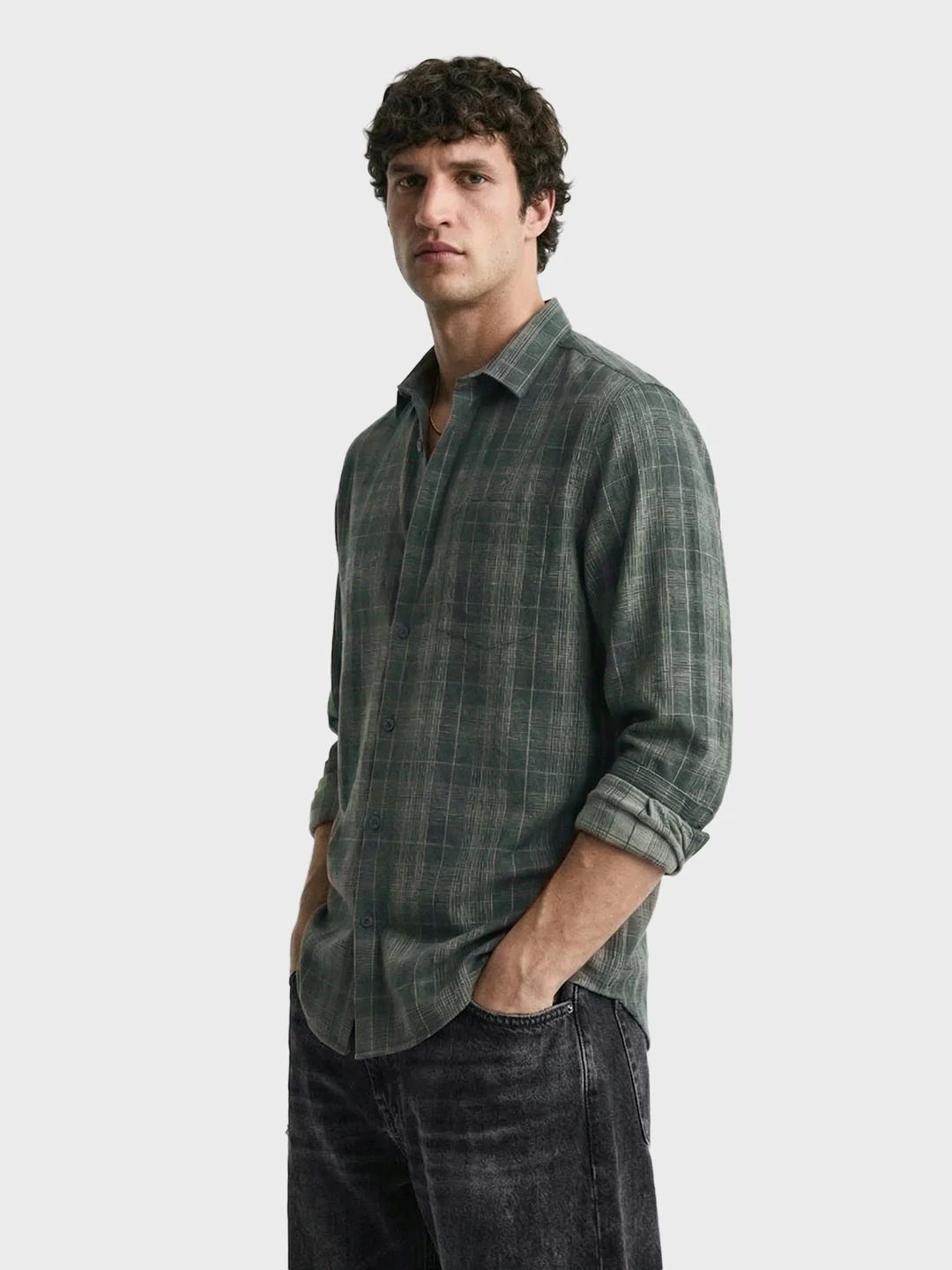 Men's Green Slim Fit Checkered Casual Shirt - Image 3