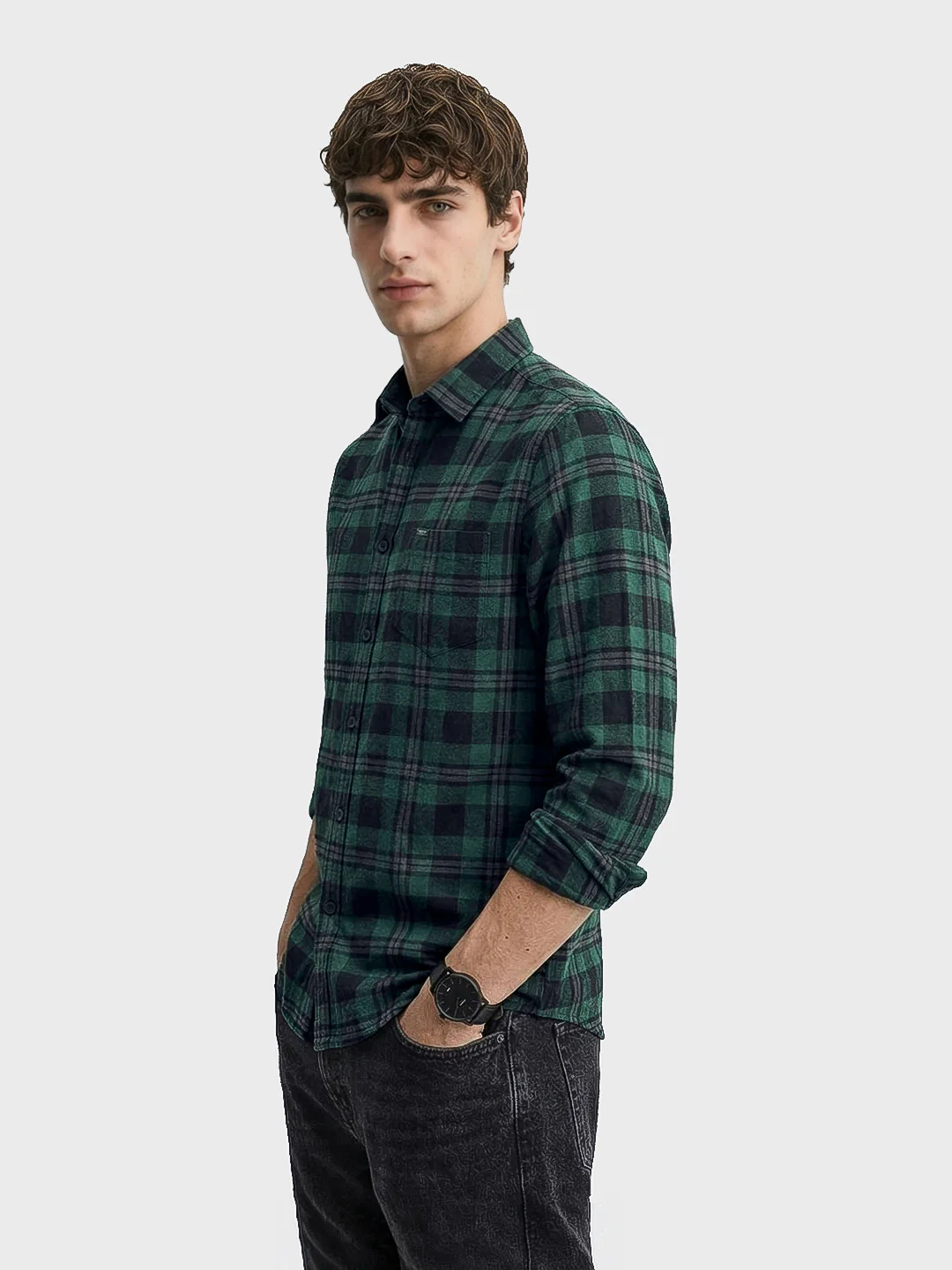 Men's Green Slim Fit Checkered Casual Shirt - Image 4