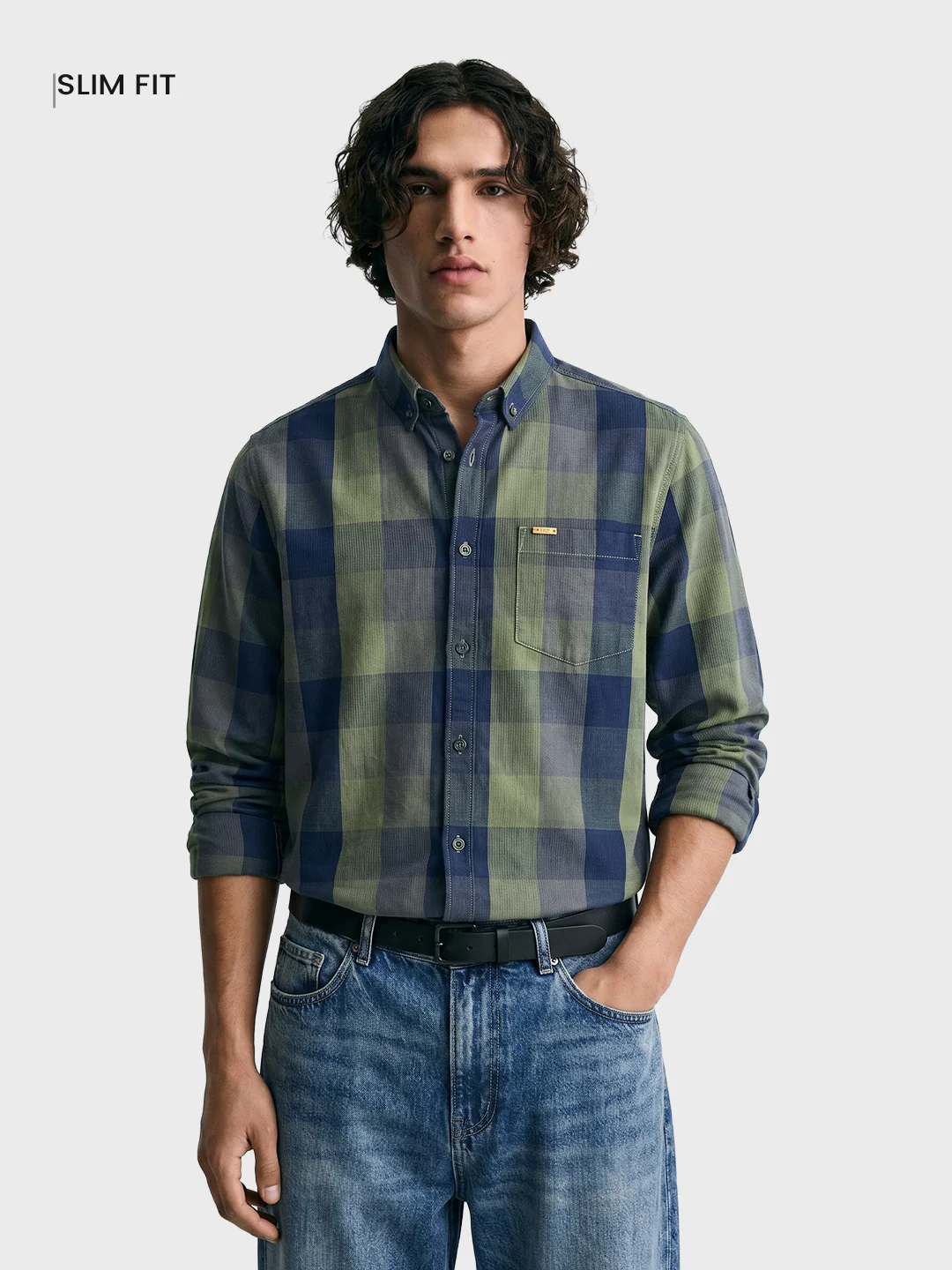Men's Green Slim Fit Checkered Casual Shirts - Image 2