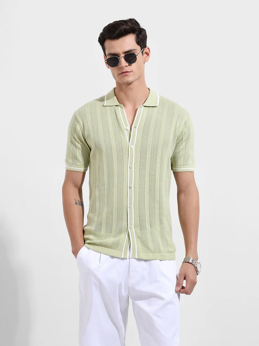 Men's Green Slim Fit Flat Knit Textured Shirt - Image 2