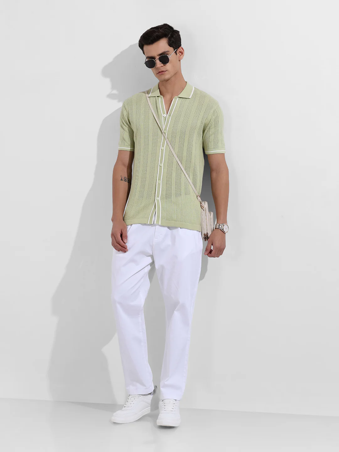Men's Green Slim Fit Flat Knit Textured Shirt - Image 4