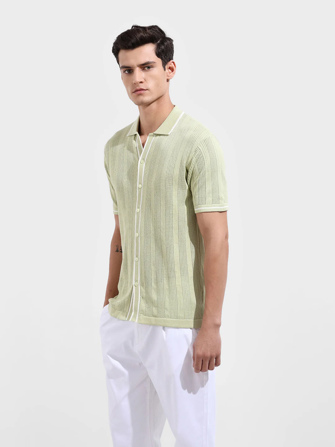 Men's Green Slim Fit Flat Knit Textured Shirt - Image 5