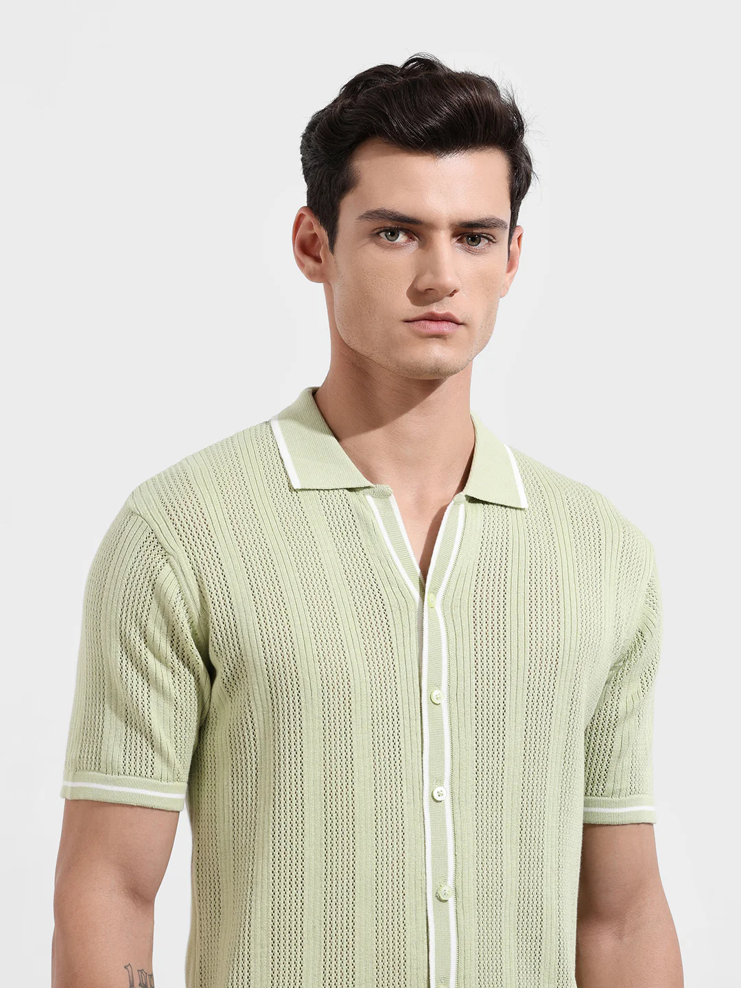 Men's Green Slim Fit Flat Knit Textured Shirt - Image 6