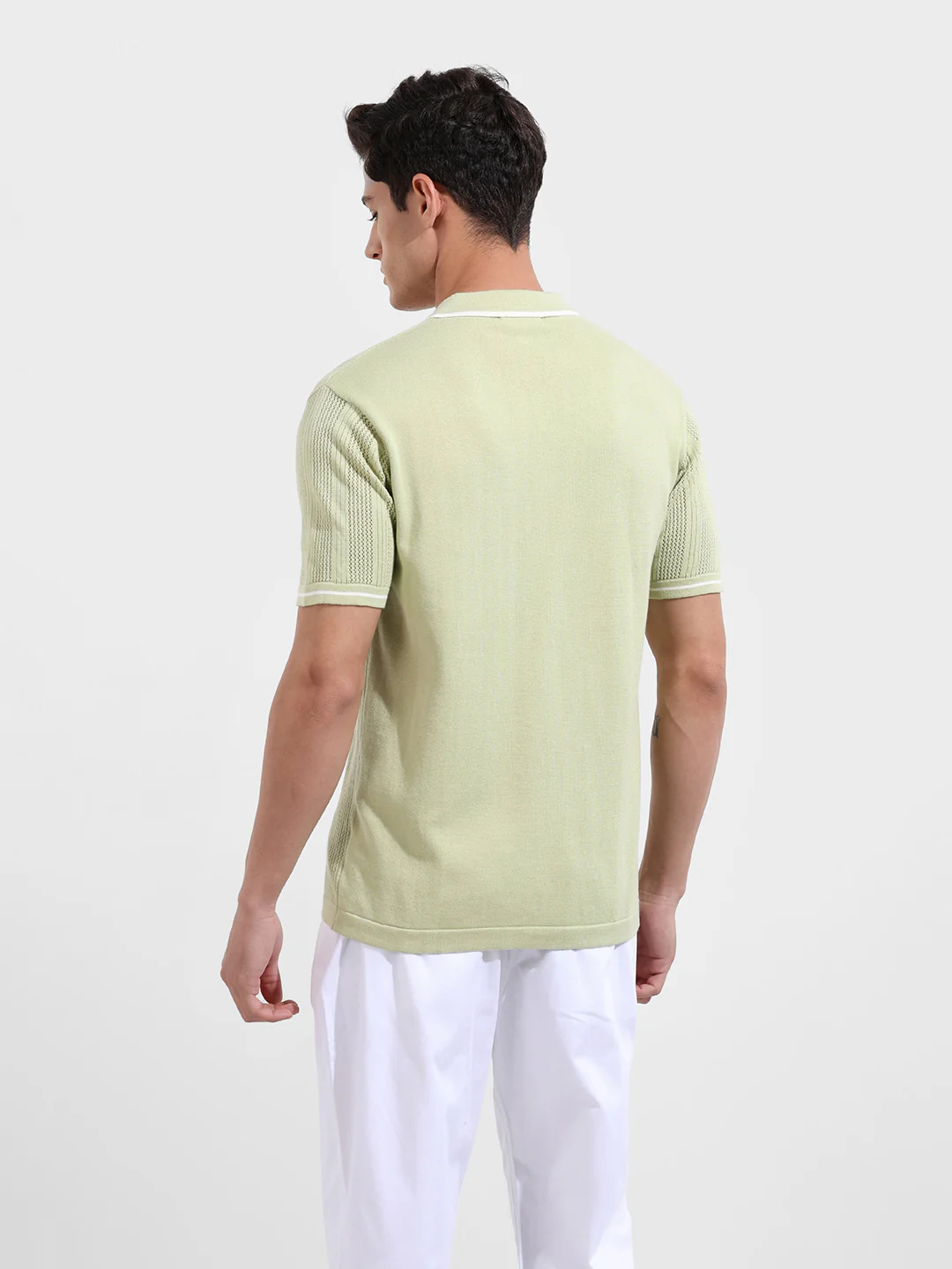 Men's Green Slim Fit Flat Knit Textured Shirt - Image 7