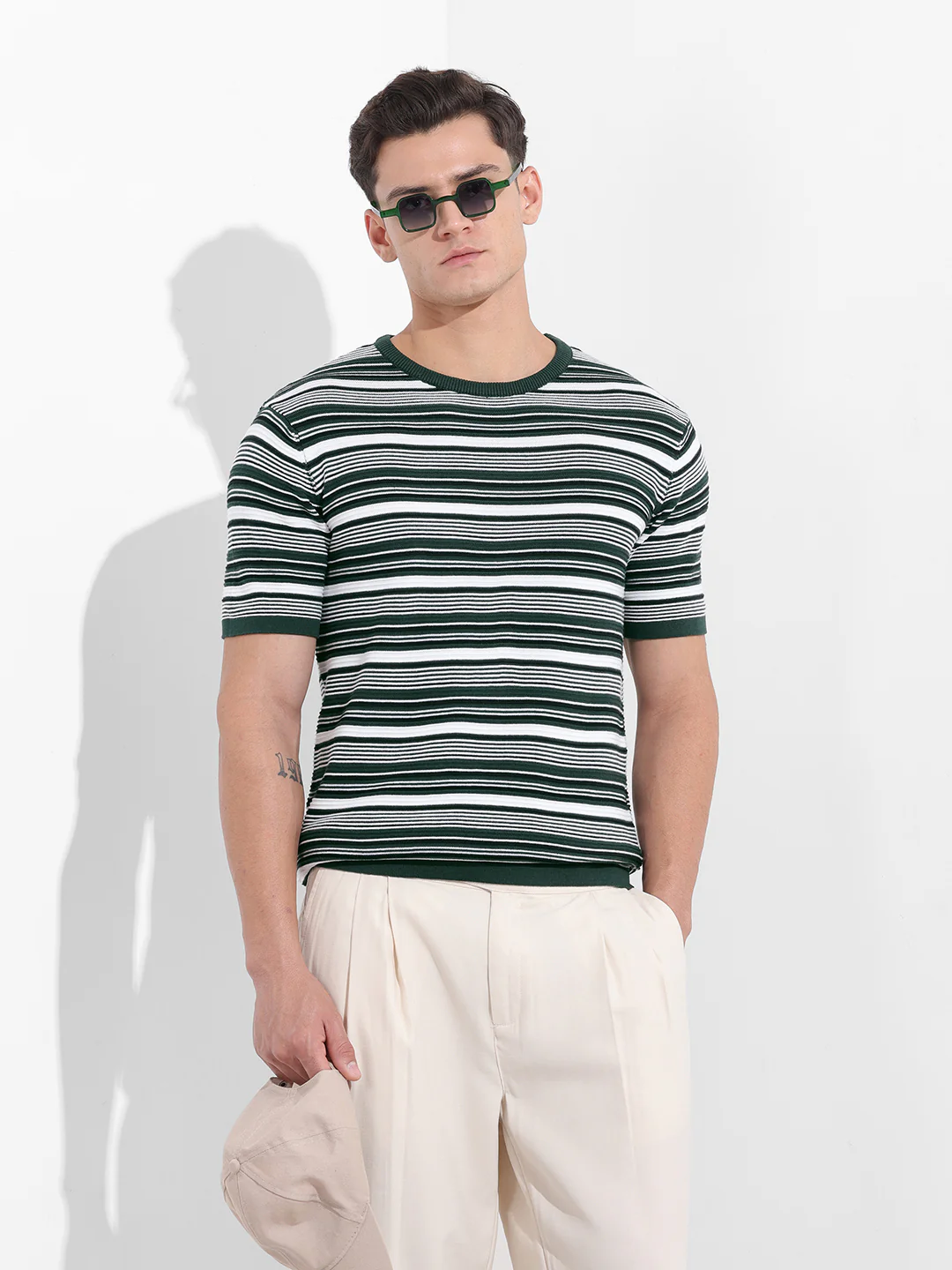 Men's Bottle Green Slim Fit Textured Flat Knit T-Shirt - Image 2