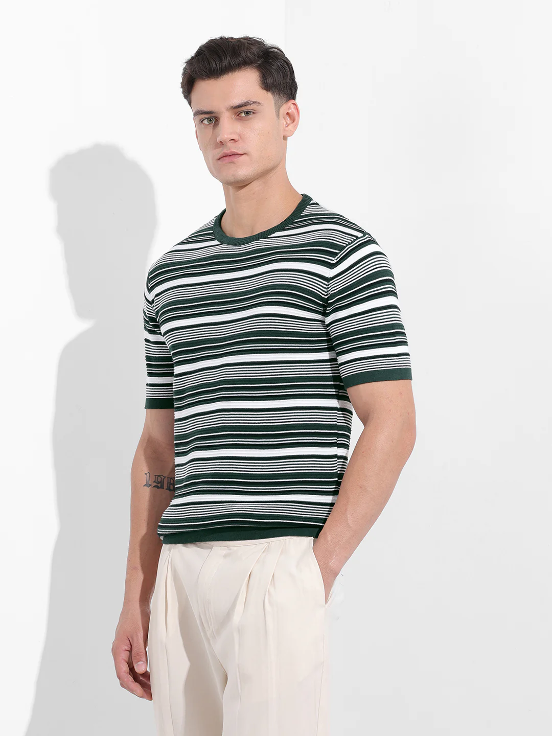 Men's Bottle Green Slim Fit Textured Flat Knit T-Shirt - Image 4