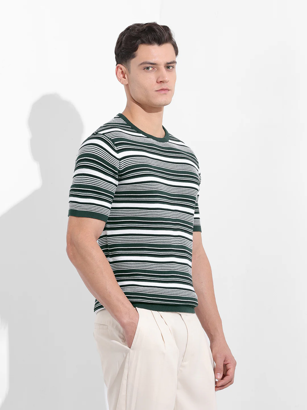 Men's Bottle Green Slim Fit Textured Flat Knit T-Shirt - Image 5