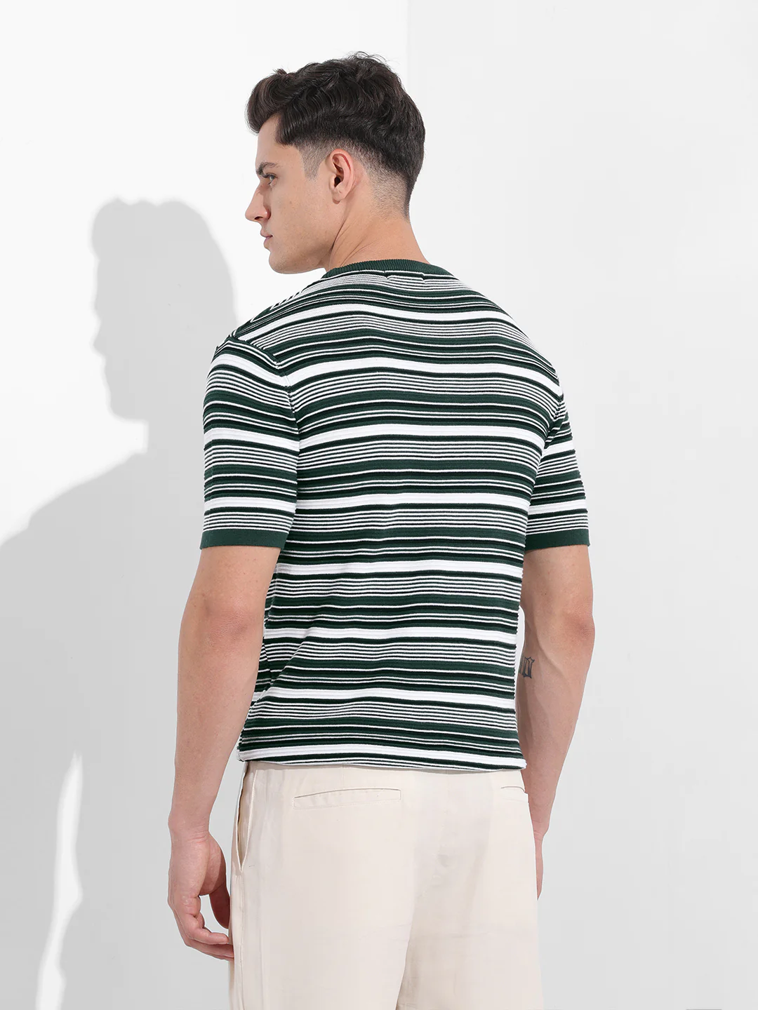Men's Bottle Green Slim Fit Textured Flat Knit T-Shirt - Image 6