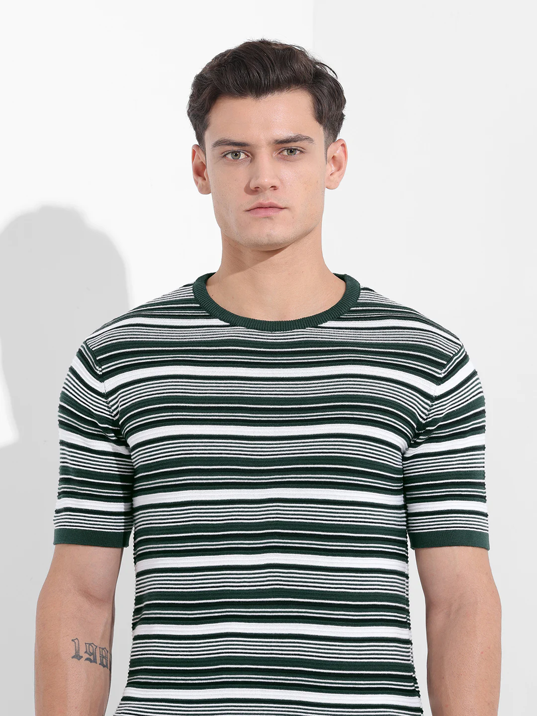 Men's Bottle Green Slim Fit Textured Flat Knit T-Shirt - Image 7
