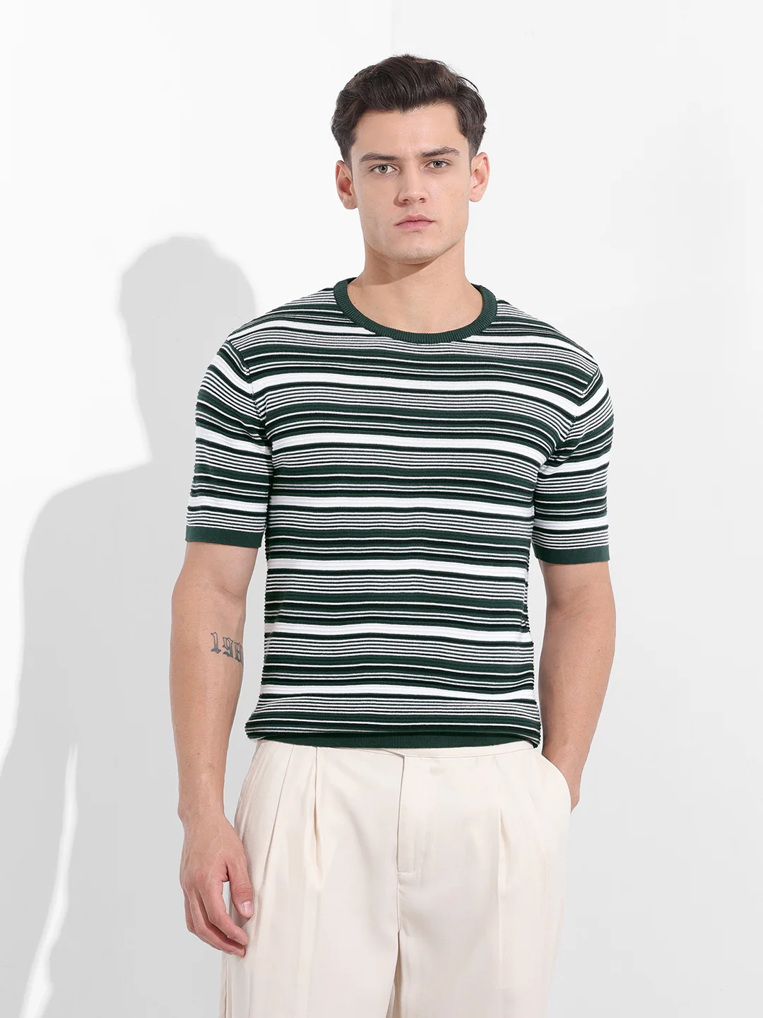 Men's Bottle Green Slim Fit Textured Flat Knit T-Shirt - Image 8