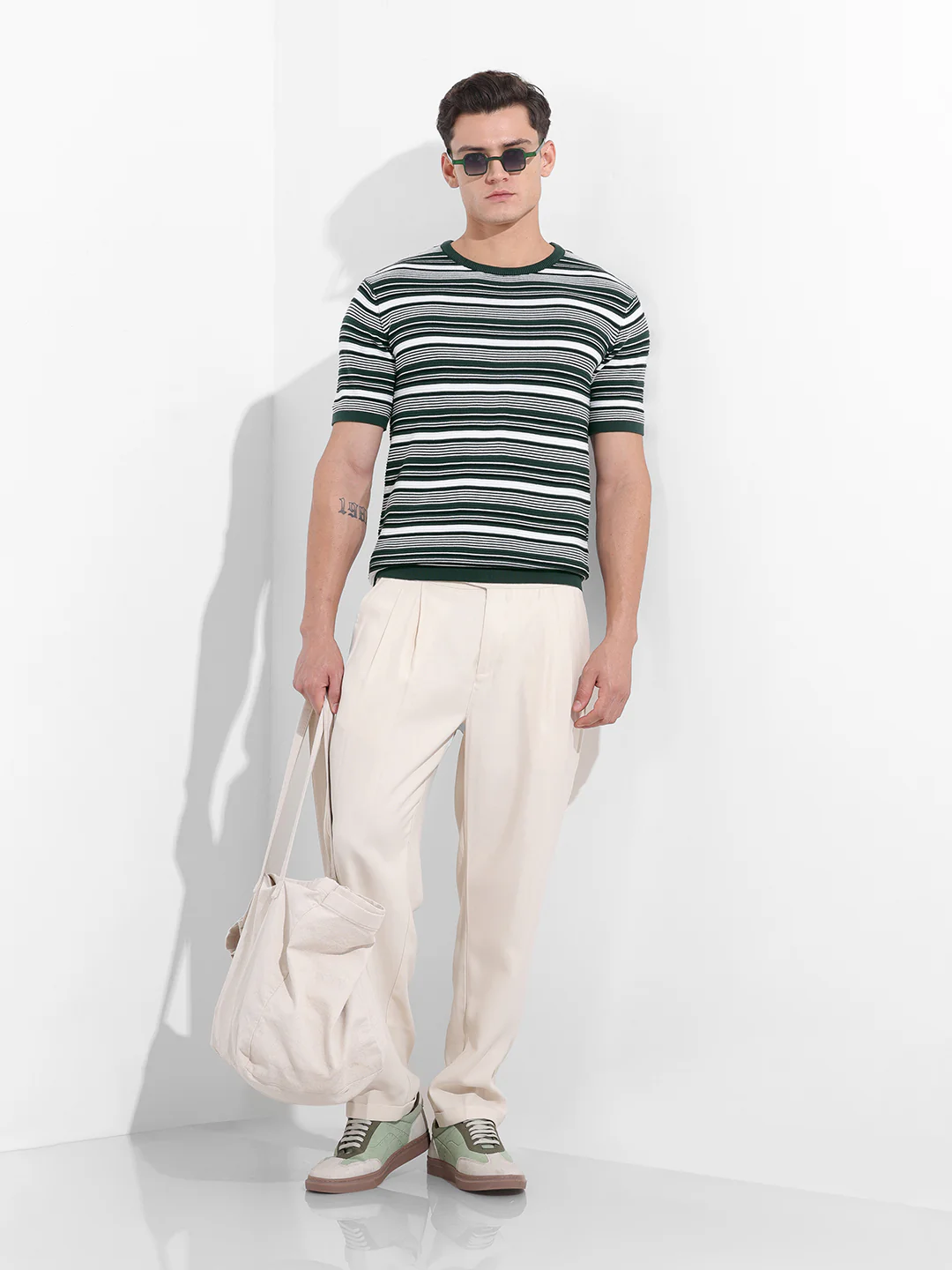 Men's Bottle Green Slim Fit Textured Flat Knit T-Shirt - Image 9