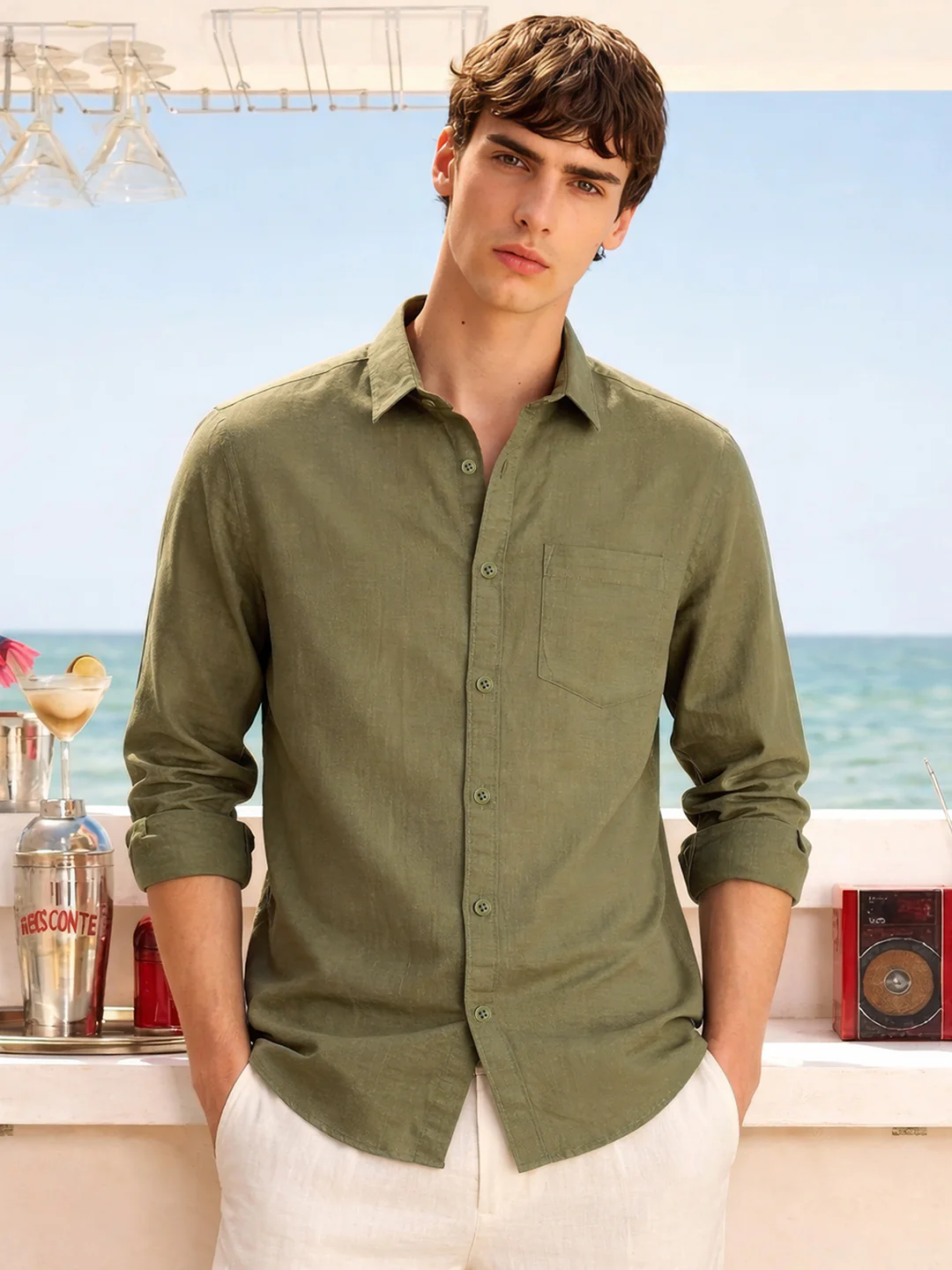 Men's Green Slim Fit Solid Casual Shirt - Image 7