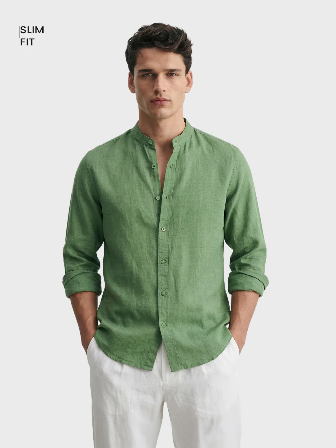 Men's Green Slim Fit Solid Casual Shirts - Image 2
