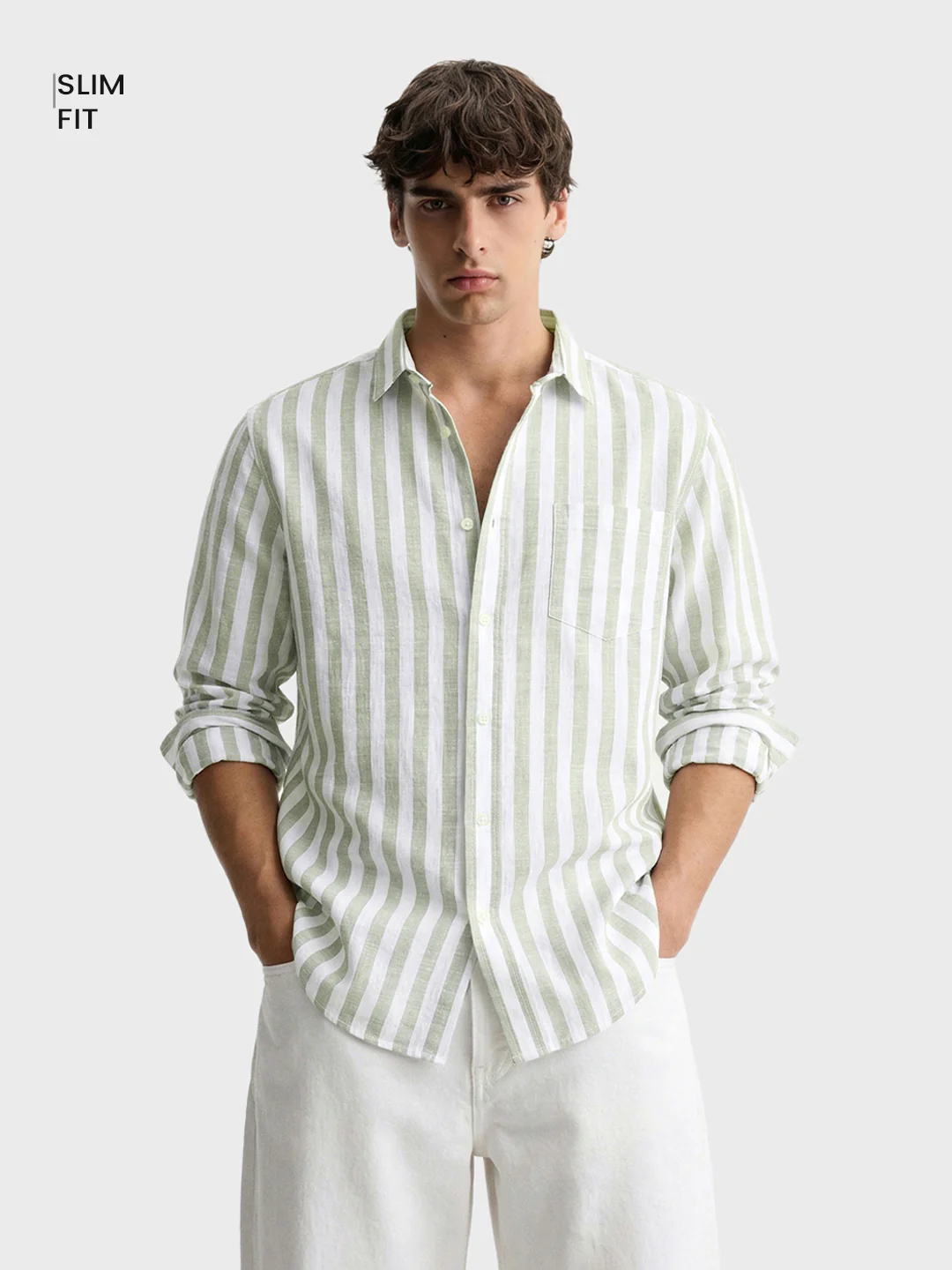 Men's Green Slim Fit Striped Casual Shirt - Image 2