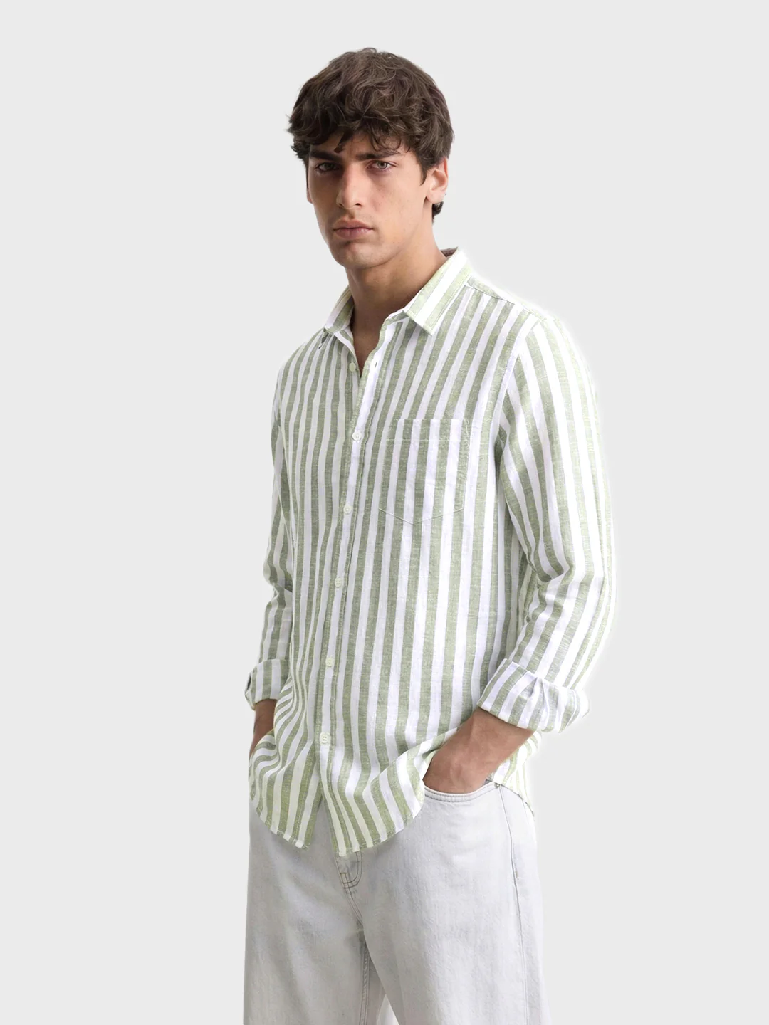 Men's Green Slim Fit Striped Casual Shirt - Image 4
