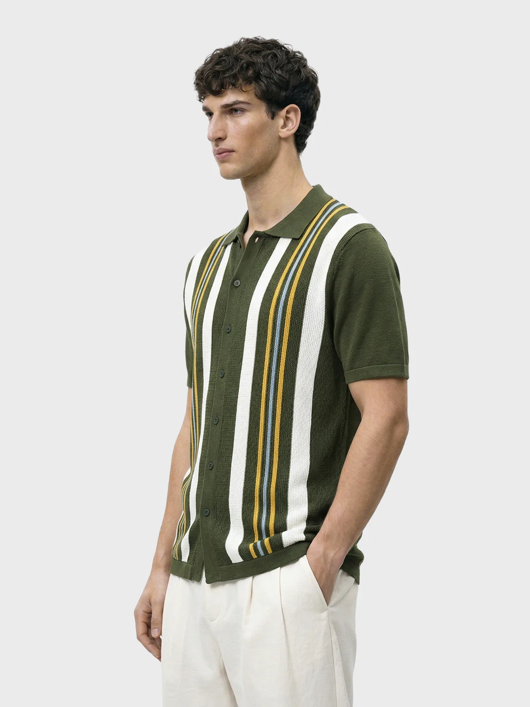 Men's Green Slim Fit Striped Casual Shirt - Image 4