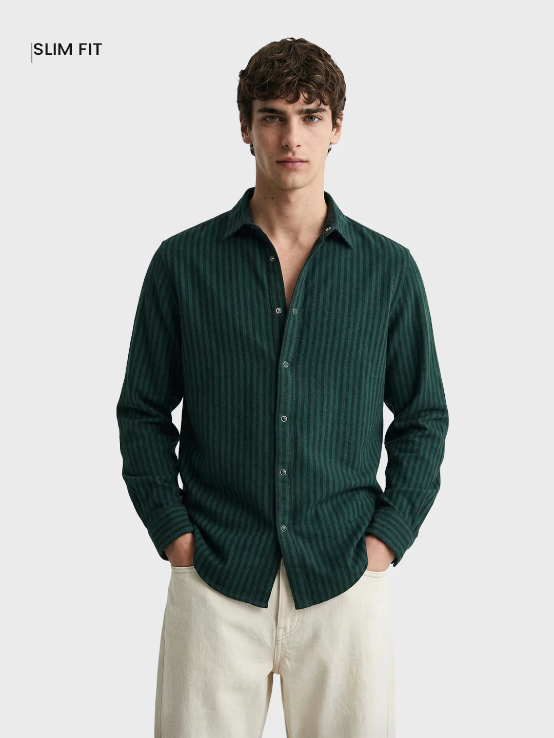 Men's Green Slim Fit Striped Casual Shirt - Image 2