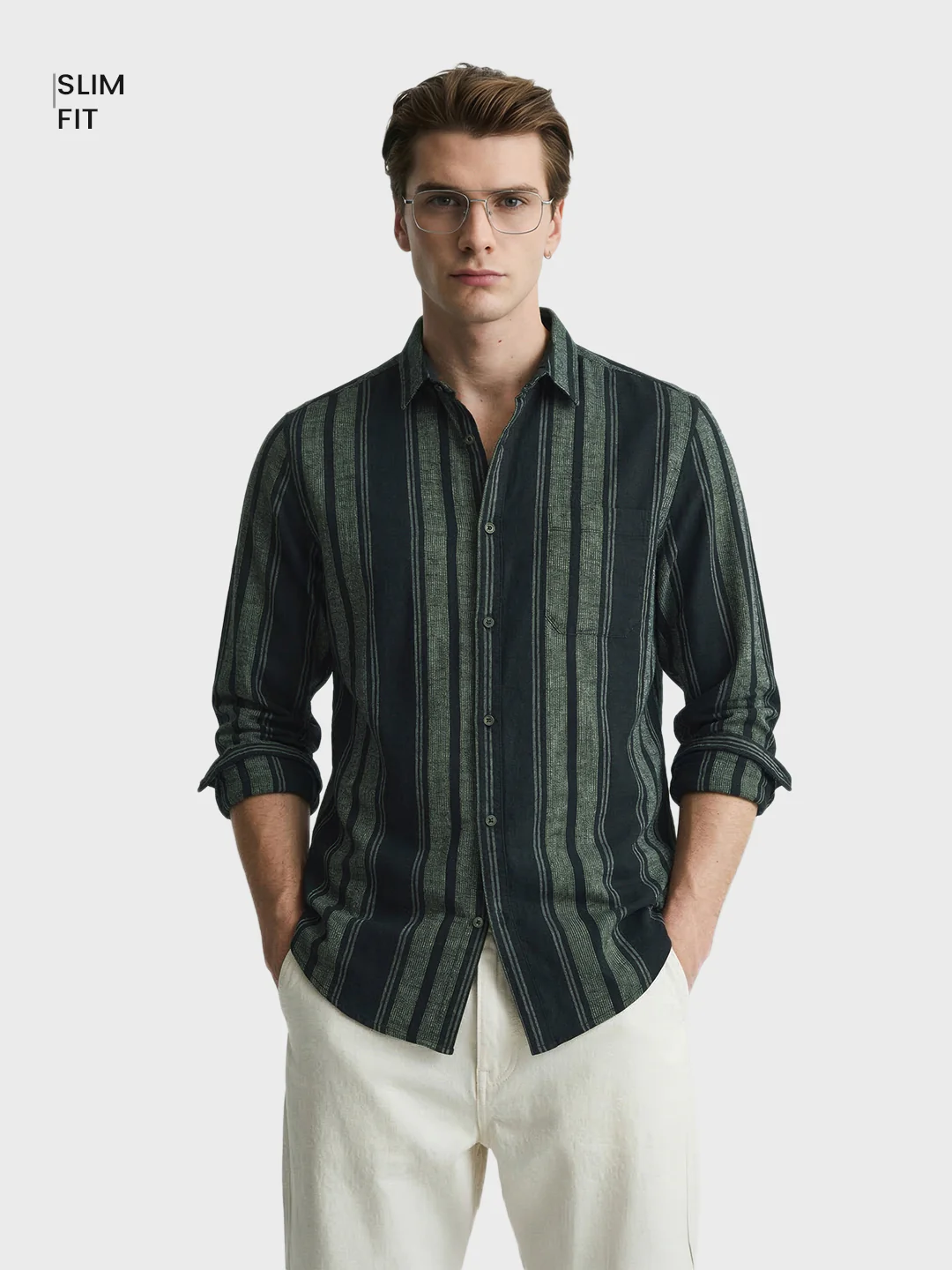 Men's Green Slim Fit Striped Casual Shirts - Image 2