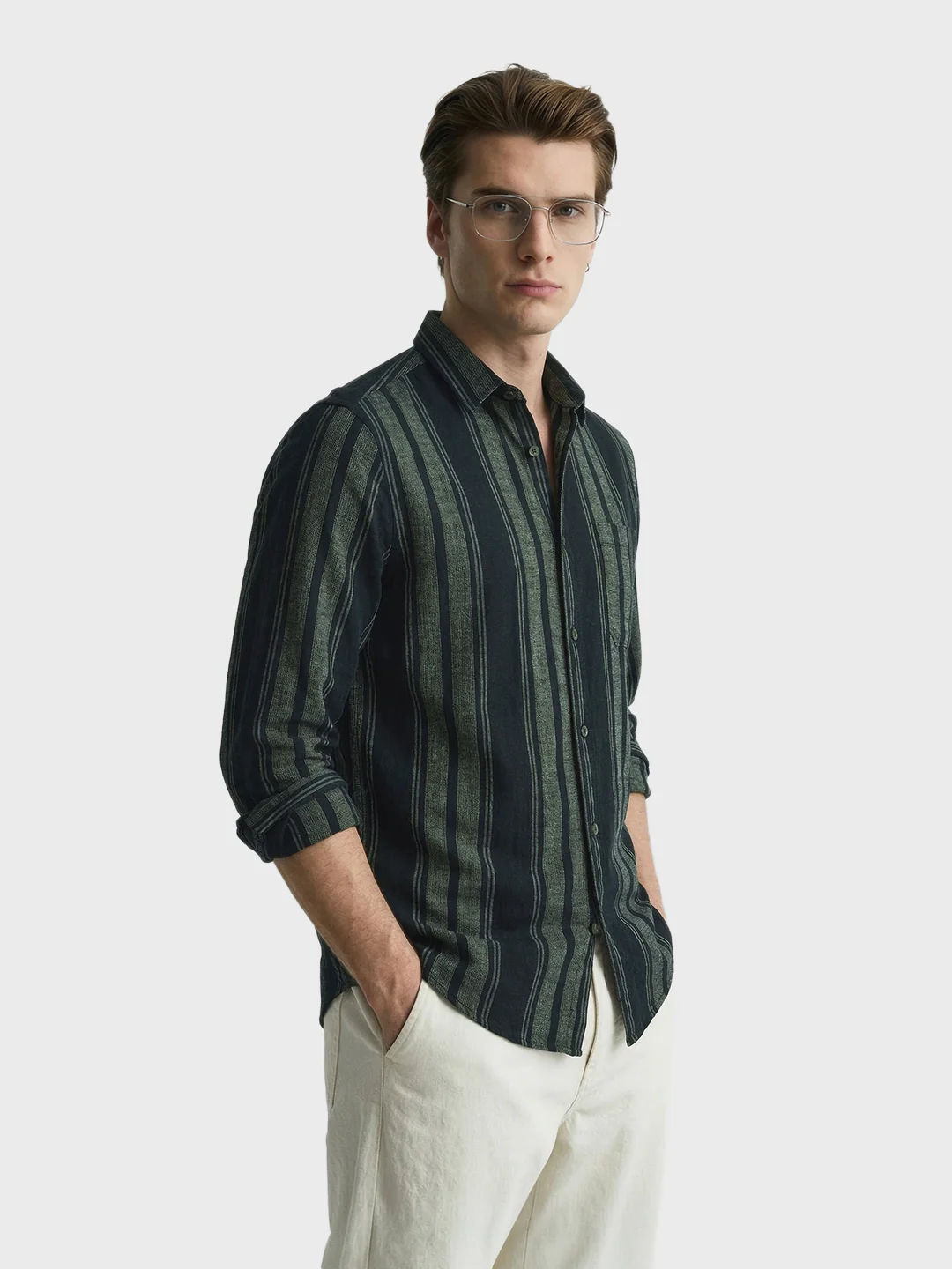 Men's Green Slim Fit Striped Casual Shirts - Image 4