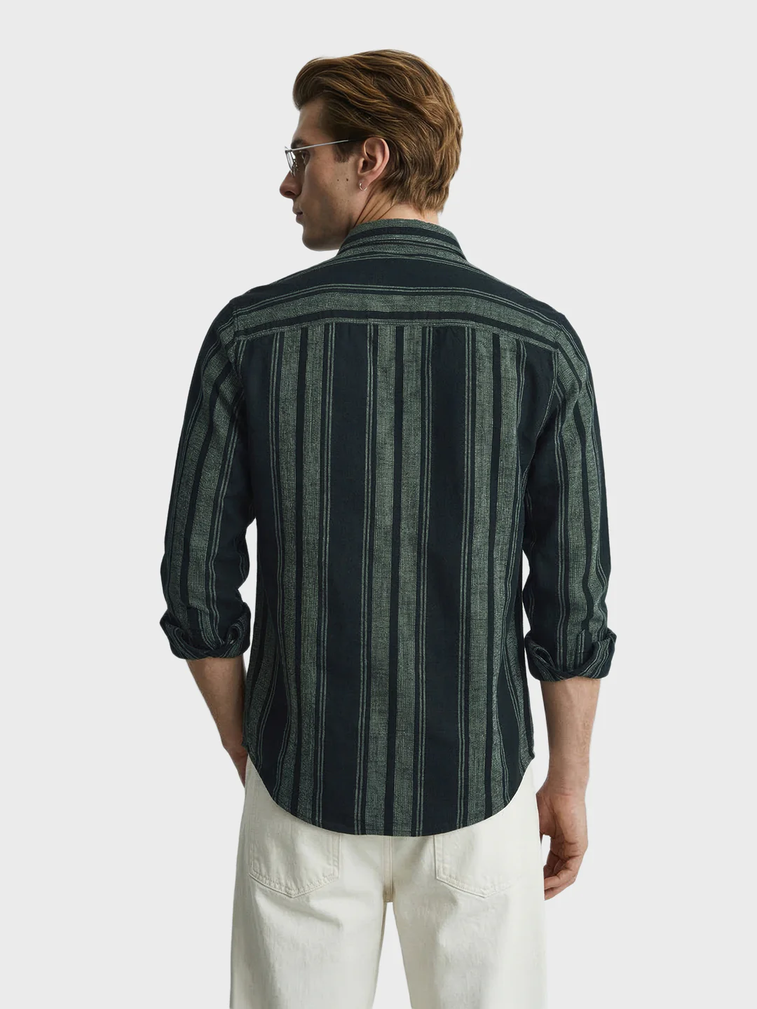 Men's Green Slim Fit Striped Casual Shirts - Image 5