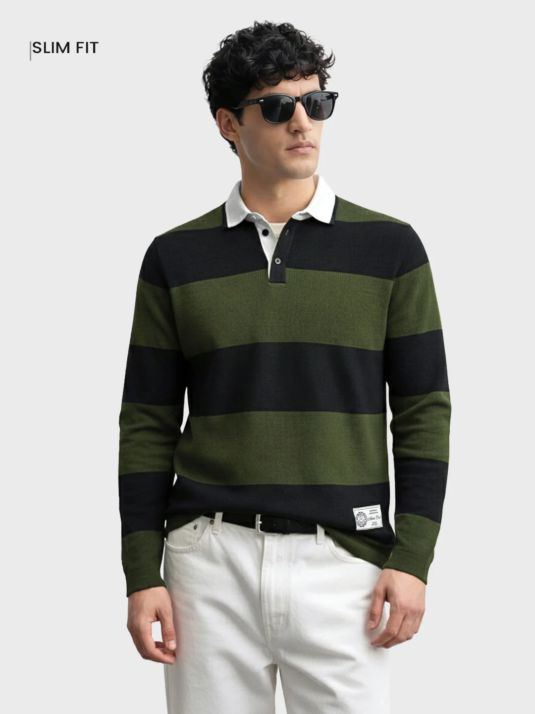 Men's Green Slim Fit Striped Flat Knit T-Shirt - Image 2