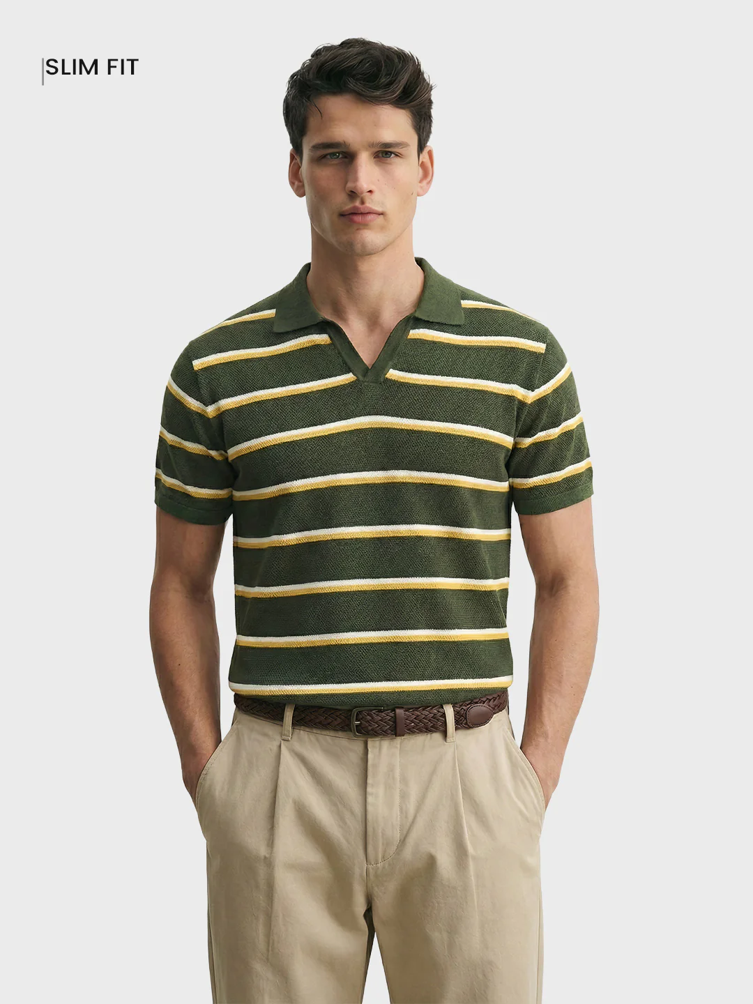 Men's Green Slim Fit Striped Flat Knit T-Shirt - Image 2
